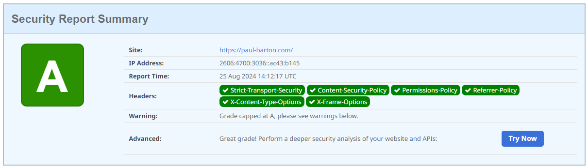 Screenshot showing A+ grades from securityheaders.com